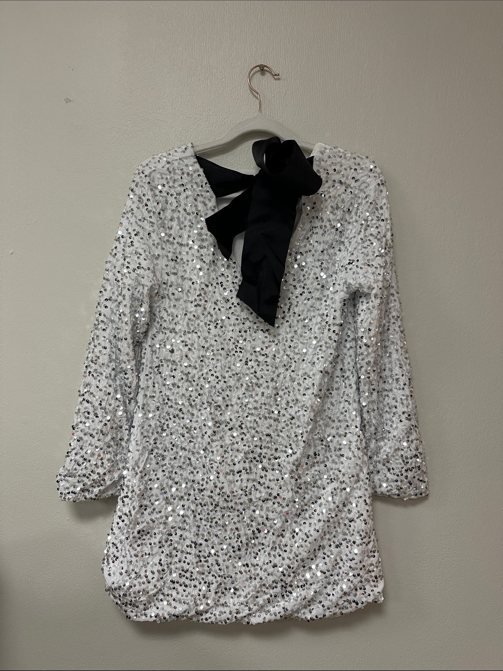 Sequin White Party Dress with Black Bow